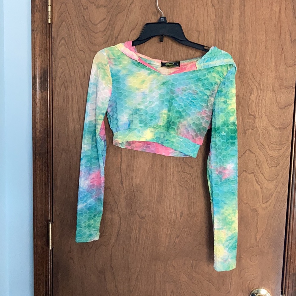 3/$24 tie dye print honeycomb hoodie crop top S juniors - Picture 9 of 15